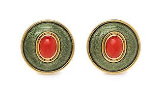 A Pair of 18 Karat Yellow Gold, Coral and Enamel Earclips, de Vroomen, 18.50 dwts.