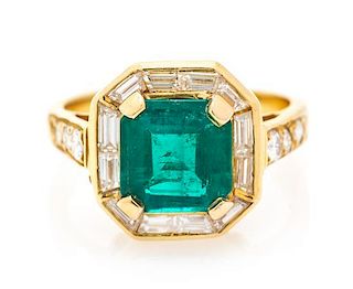 A Yellow Gold, Emerald and Diamond Ring, 3.50 dwts.