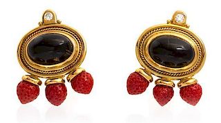 * A Pair of 18 Karat Yellow Gold, Petrified Wood, Coral and Diamond Earclips, Elizabeth Gage, 19.00 dwts.