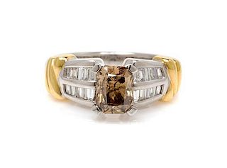 * A Platinum, 18 Karat Yellow Gold, Colored Diamond and Diamond Ring, 6.40 dwts.