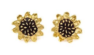 A Pair of 18 Karat Yellow Gold and Enamel Sunflower Earclips, Angela Cummings, 11.50 dwts.
