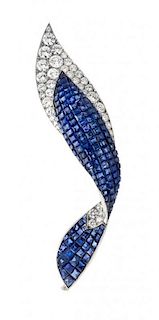 A Platinum, Gold, Invisibly Set Sapphire and Diamond Ribbon Brooch, French, Circa 1950, 14.80 dwts.