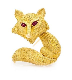 * An 18 Karat Yellow Gold and Ruby Articulated Fox Brooch, Tiffany & Co., France, 17.00 dwts.
