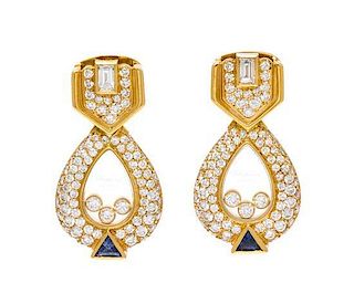 * A Pair of 18 Kart Yellow Gold, Diamond and Sapphire Happy Diamonds Earclips, Chopard, 10.40 dwts.