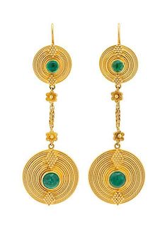 A Pair of 18 Karat Yellow Gold and Emerald Earrings, Lalaounis, 14.40 dwts.