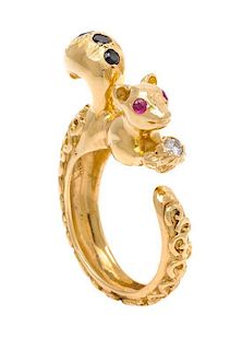 * An 18 Karat Yellow Gold Diamond, Ruby and Sapphire Squirrel Motif Ring, Zolotas, 9.10 dwts.