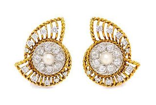 * A Pair of Vintage 18 Karat Yellow Gold, Platinum, Diamond and Pearl Earclips, Cartier, 10.50 dwts.