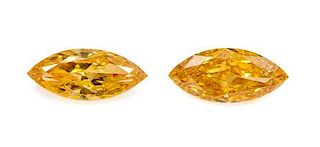 A 1.95 Carat Total Pair of Marquise Cut Fancy Intense Orange-Yellow Diamonds,