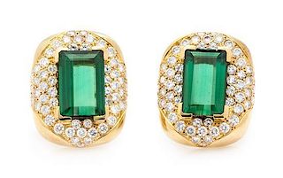 A Pair of Yellow Gold, Tourmaline and Diamond Earclips, 18.90 dwts.