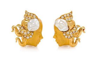 * A Pair of 18 Karat Yellow Gold, Diamond and Cultured Pearl Earclips, Carrera y Carrera, 8.40 dwts.