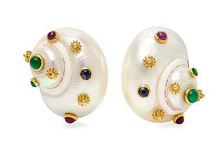 * A Pair of 18 Karat Yellow Gold, Shell, and Multigem Earclips, MAZ, 14.00 dwts.