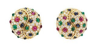 A Pair of 18 Karat Yellow Gold, Diamond and Multigem Earclips, Picchiotti, 23.10 dwts.