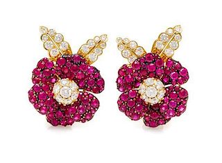 A Pair of 18 Karat Yellow Gold, Ruby and Diamond Floral Earclips, Aletto Brothers, 15.80 dwts.