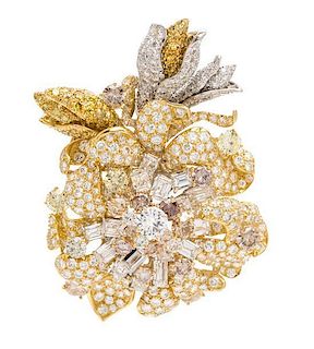 An 18 Karat Yellow, Platinum, Diamond and Colored Diamond Flower Brooch, Julius Cohen, 26.50 dwts.