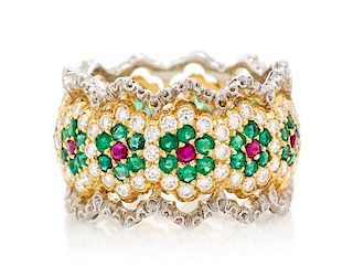 An 18 Karat Bicolor Gold, Diamond, Emerald and Ruby Ring, Buccellati, 4.50 dwts