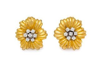 A Pair of 18 Karat Yellow Gold and Diamond Flower Earclips, Buccellati, 7.20 dwts.