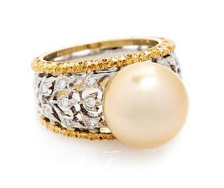 An 18 Karat Bicolor Gold, Cultured Golden South Sea Pearl and Diamond Ring, Buccellati, 7.90 dwts.
