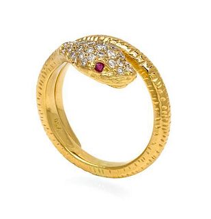 * An 18 Karat Yellow Gold, Diamond and Ruby Serpent Ring, 6.50 dwts.