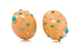 * A Pair of 18 Karat Yellow Gold, Shell, Turquoise and Diamond Earclips, Trianon, 21.20 dwts.