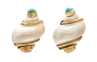 * A Pair of Yellow Gold, Shell, Turquoise and Coral Earclips, Seaman Schepps, 16.20 dwts.