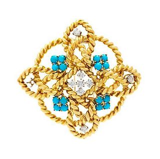 An 18 Karat Yellow Gold, Diamond and Turquoise Pendant/Brooch, 47.30 dwts.