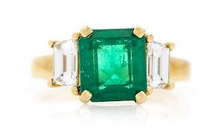 An 18 Karat Yellow Gold, Emerald and Diamond Ring, 4.00 dwts