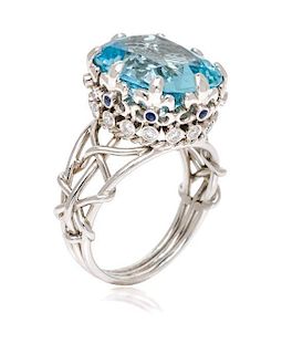 A Platinum, Aquamarine, Diamond and Sapphire Coronet Ring, Verdura, 8.00 dwts.
