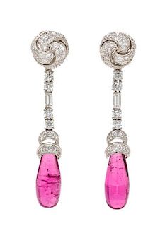 A Pair of Platinum, Pink Tourmaline and Diamond Knot Day/Night Pendant Earrings, Verdura, 9.50 dwts.
