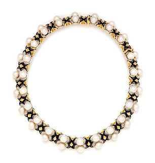 An 18 Karat Bicolor Gold, Cultured Pearl, Enamel and Diamond Collar Necklace, Italy, 124.30 dwts.