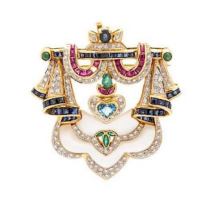 A Yellow Gold, Sapphire, Aquamarine, Emerald, Diamond, Mother-of-Pearl and Ruby Pendant/Brooch, 16.20 dwts.