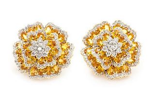 * A Pair of 18 Karat Yellow Gold, Yellow Sapphire and Diamond Earclips, 16.40 dwts.