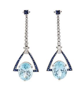 A Pair of Platinum, Aquamarine, Diamond and Sapphire Pendant Earrings, 10.10 dwts.