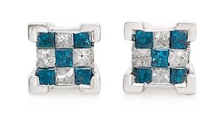 A Pair of 14 Karat White Gold, Diamond and Colored Diamond Stud Earrings, 1.70 dwts.