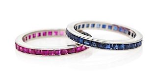A Collection of Platinum, Ruby and Sapphire Eternity Bands, 4.30 dwts.