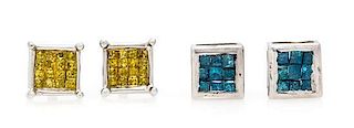 A Collection of White Gold and Colored Diamond Stud Earrings, 1.90 dwts.
