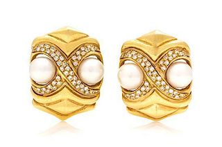 * A Pair of 18 Karat Yellow Gold, Cultured Pearl and Diamond Earclips, 15.50 dwts.