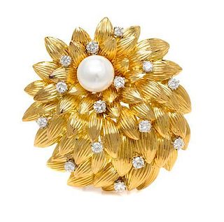 * A Yellow Gold, Cultured Pearl and Diamond Flower Brooch, 18.10 dwts.