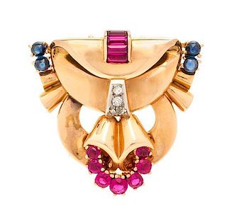 A Retro Rose Gold, Synthetic Ruby, Synthetic Sapphire and Diamond Dress Clip, 9.90 dwts.