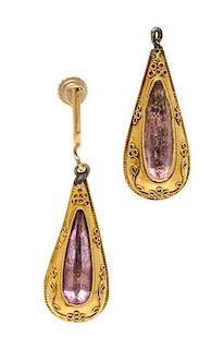 A Pair of Victorian Etruscan Revival Yellow Gold and Quartz Ear Pendants, 3.00 dwts.