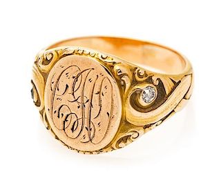 * An Art Nouveau Rose Gold and Diamond Signet Ring, Circa 1903, 5.50 dwts