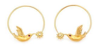 * A Pair of 18 Karat Yellow Gold, Diamond and Ruby Hummingbird Motif Hoop Earrings, Carrera y Carrera, 5.00 dwts.