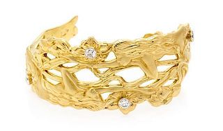 * A Yellow Gold and Diamond Figural and Floral Motif Cuff Bracelet, 33.80 dwts.