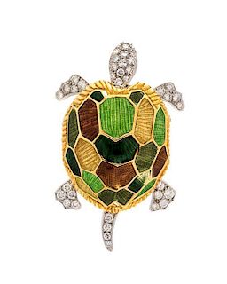 A Bicolor Gold, Diamond and Polychrome Enamel Articulated Turtle Brooch, 9.50 dwts.