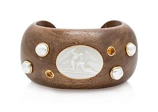* An 18 Karat Yellow Gold, Wood, Cultured Pearl, Mother-of-Pearl and Citrine Cuff Bracelet, Trianon,