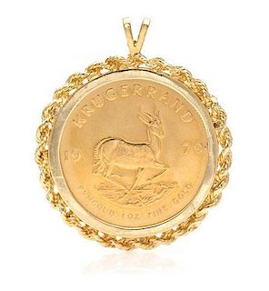 * A Yellow Gold and South African Krugerrand Gold Coin Pendant, 27.30 dwts.