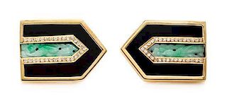 A Pair of Yellow Gold, Onyx, Jade and Diamond Dressclips, 16.80 dwts.