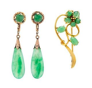 A Collection of 14 Karat Yellow Gold and Jadeite Jade Jewelry, 4.50 dwts.