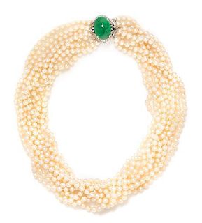 * A White Gold, Jade, Diamond and Pearl Torsade Necklace,