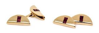 A Pair of 14 Karat Yellow Gold and Ruby Cufflinks, 7.70 dwts.
