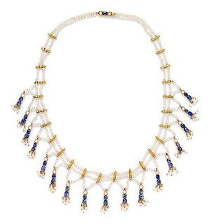 A Victorian Yellow Gold, Sapphire and Seed Pearl Fringe Necklace, 20.70 dwts.
